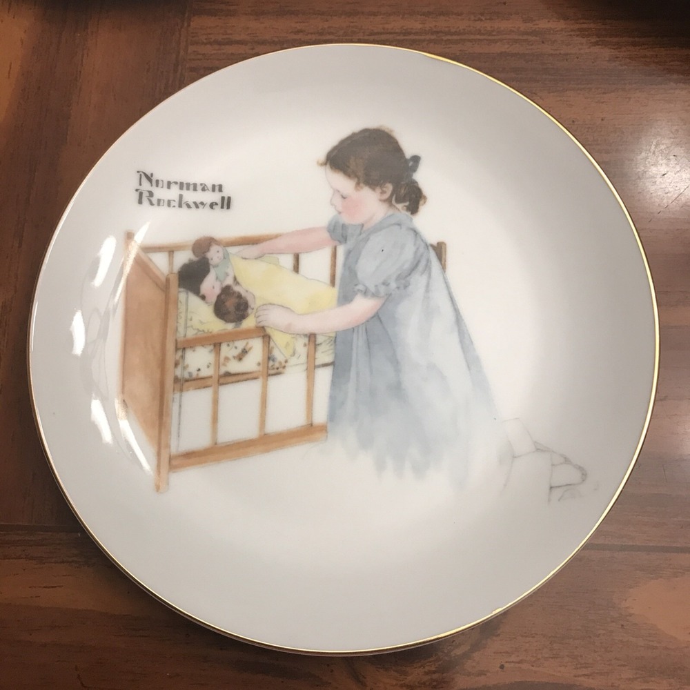 Norman Rockwell, "Sleep Tight" Collector's Plate 6.5" Girl Tucking-In Dolls